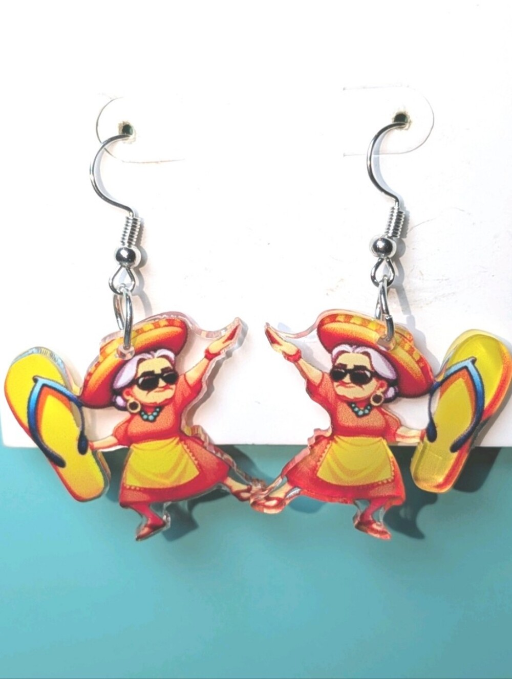 Hand Crafted Yellow & Red Abuela Throwing Her Flip Flop Funny Novelty Earrings